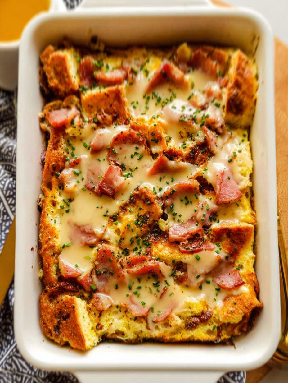 Ein Auflauf mit Schinken und Käse.