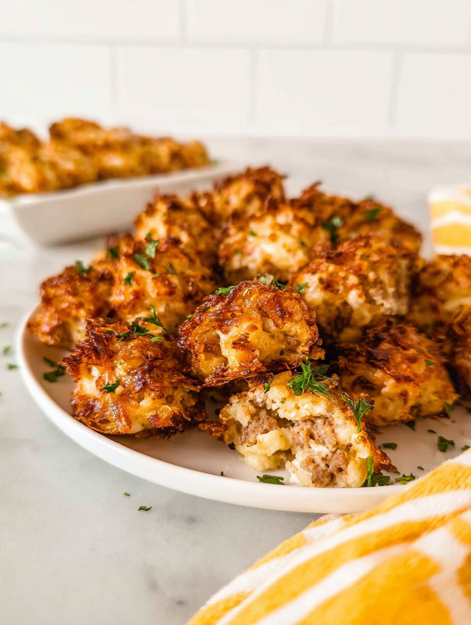 Ein Teller mit knusprigen Rösti- und Wurstbällchen.