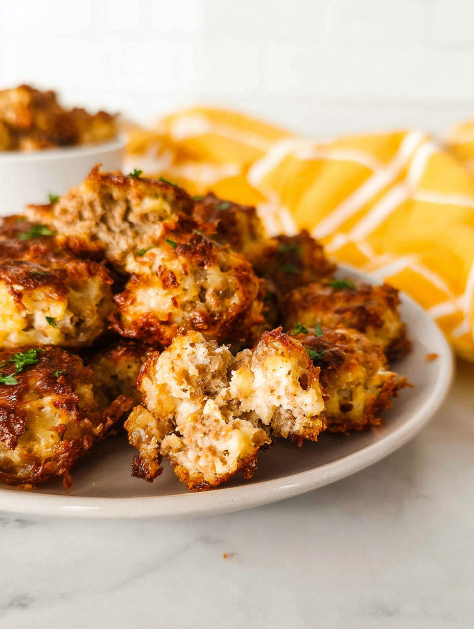 Ein Teller mit knusprigen Rösti- und Wurstbällchen.