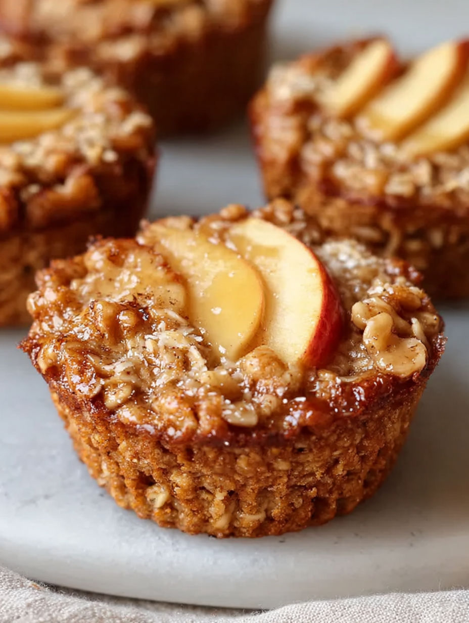 Nahaufnahme von einem gebackenen Apfel Zimt Haferbecher.