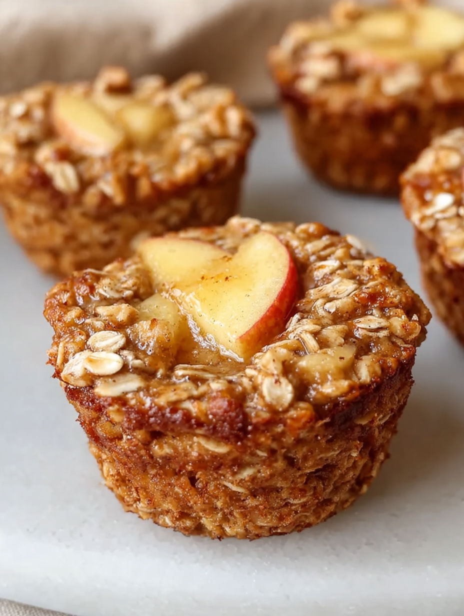 Nahaufnahme eines gebackenen Apfel-Zimt Haferflocken-Muffins.