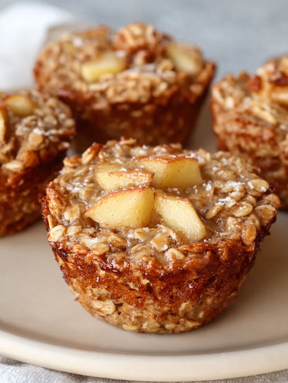 Drei gebackene Apfel-Zimt Haferflocken-Muffins.