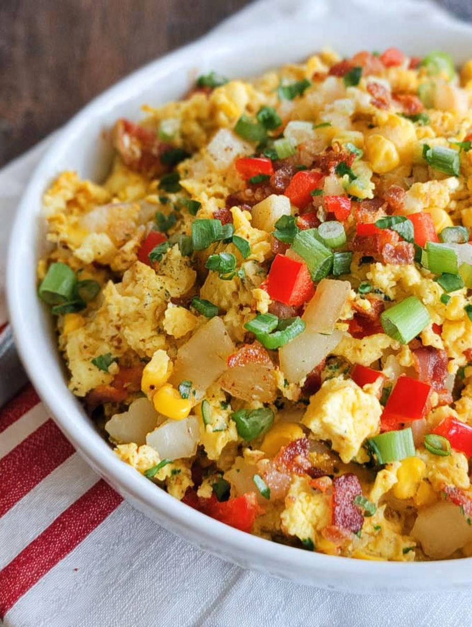 Pfannenfrühstück mit Gemüse und Speck.