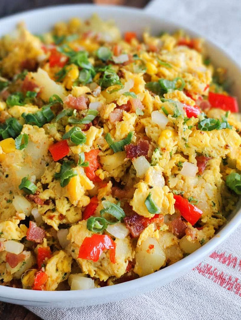 Pfannenfrühstück mit Kartoffeln, Paprika und Speck.