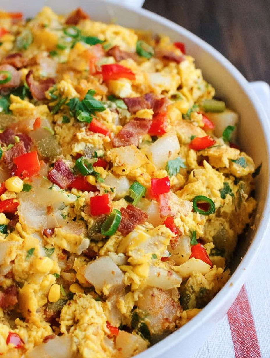 Pfannenfrühstück mit Kartoffeln, Paprika und Speck.