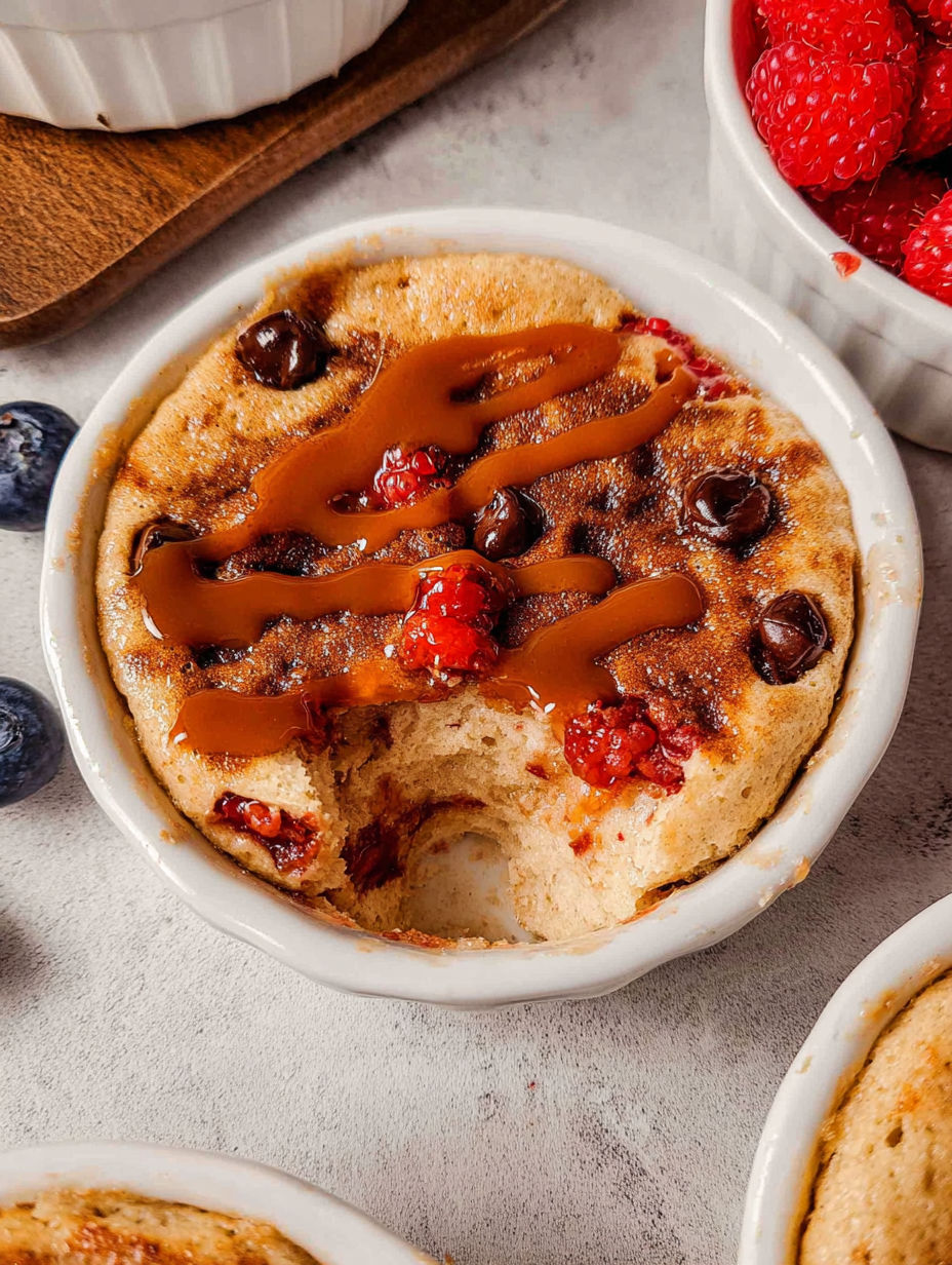 Ein gebackenes Proteinpfannkuchen-Schälchen mit Schokosirup und Himbeeren.