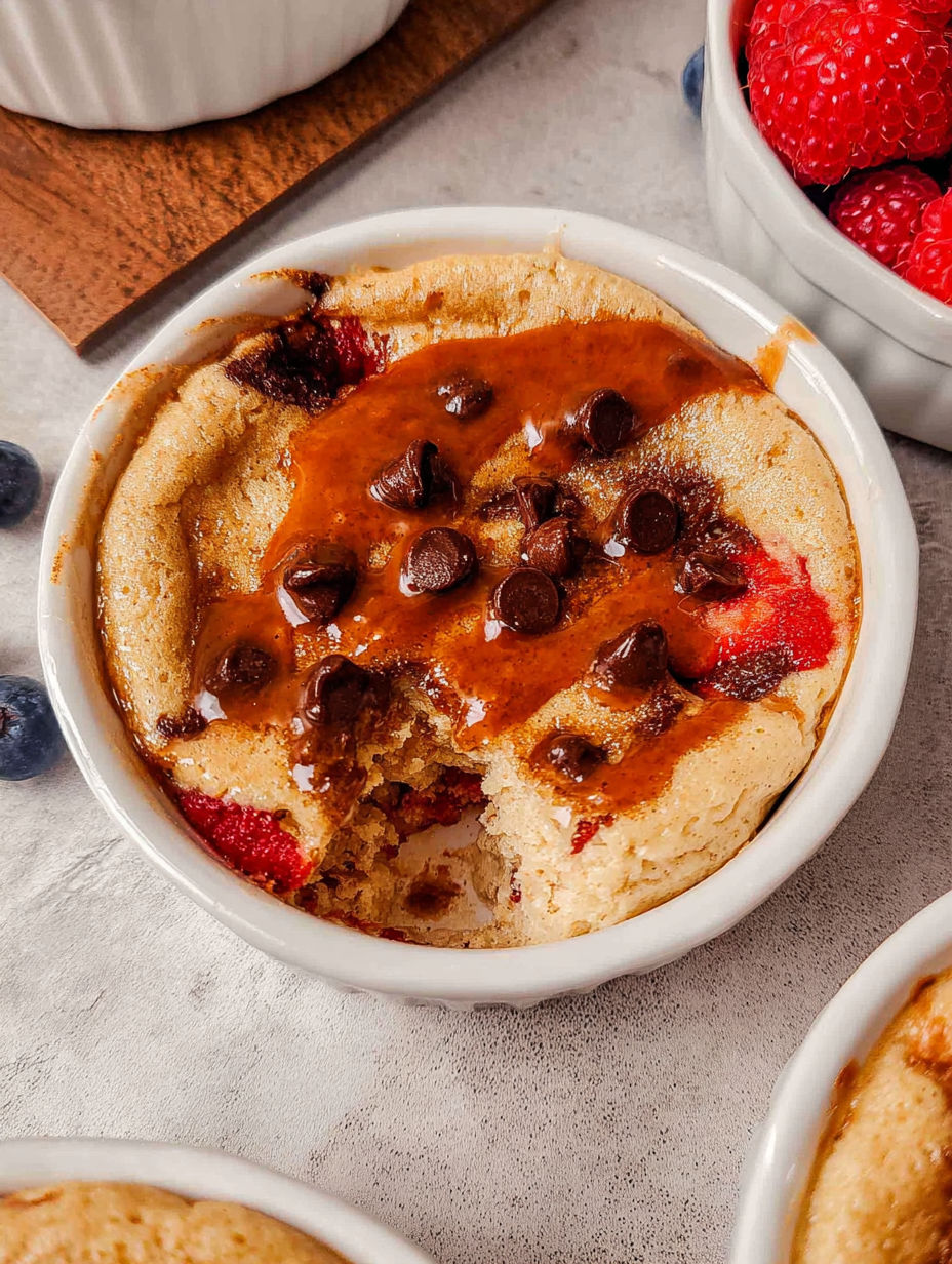 Ein gebackenes Proteinpfannkuchen-Schälchen mit Schokostückchen und Erdbeeren.