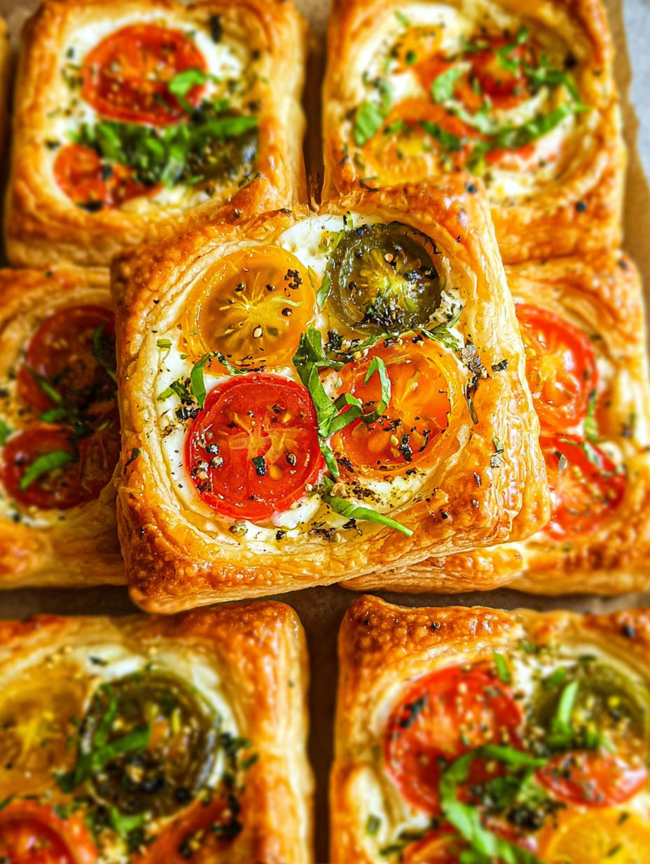 Nahaufnahme eines Tomaten-Törtchens mit Blätterteig.