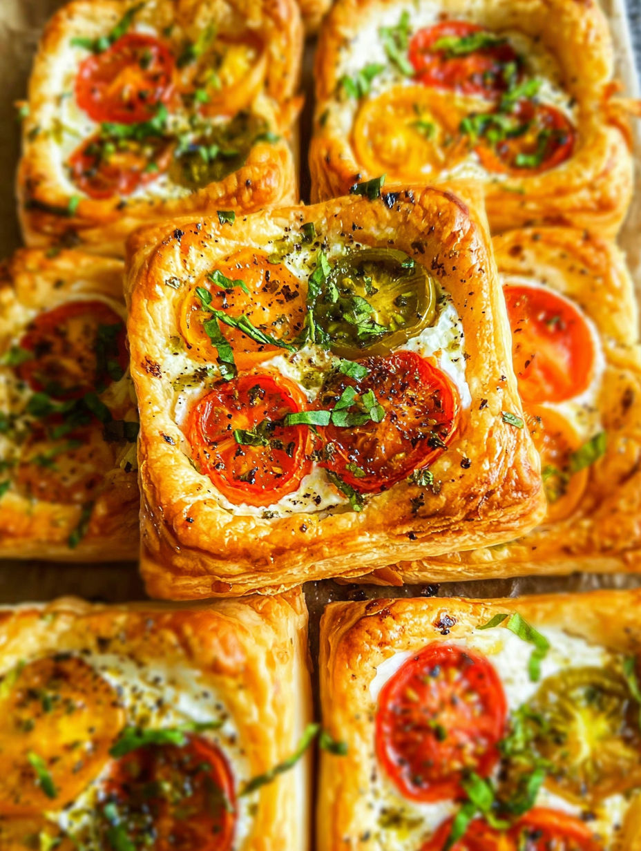 Nahaufnahme eines Tomaten-Törtchens mit Blätterteig.