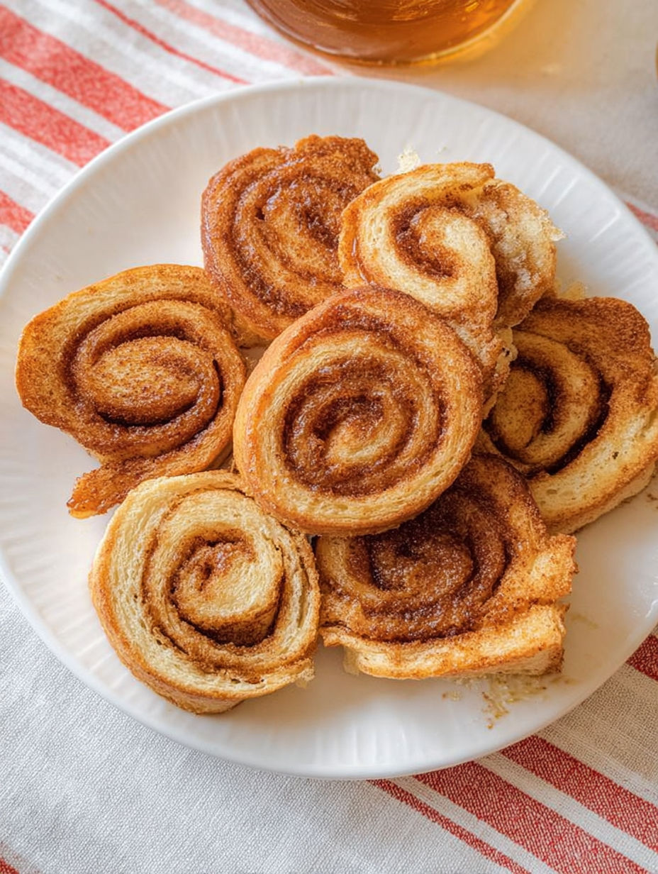 Ein weißer Teller mit Zimtschnecken aus Toast.