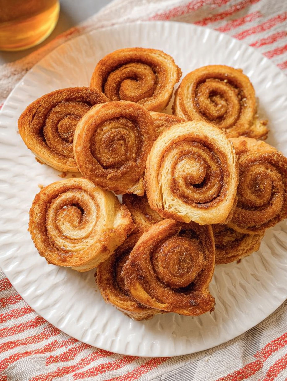 Ein Teller mit Zimtschnecken aus Toast.