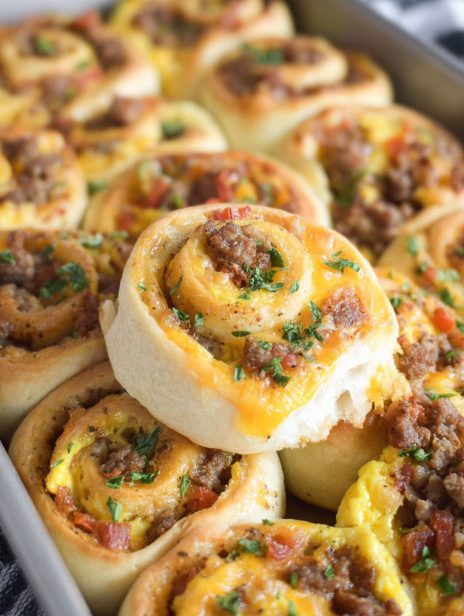 Ein Blech mit herzhaften Frühstücks-Röllchen mit Wurst und Käse.