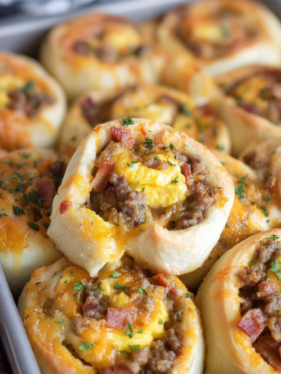 Ein Teller Frühstückshörnchen mit Fleisch und Käse.