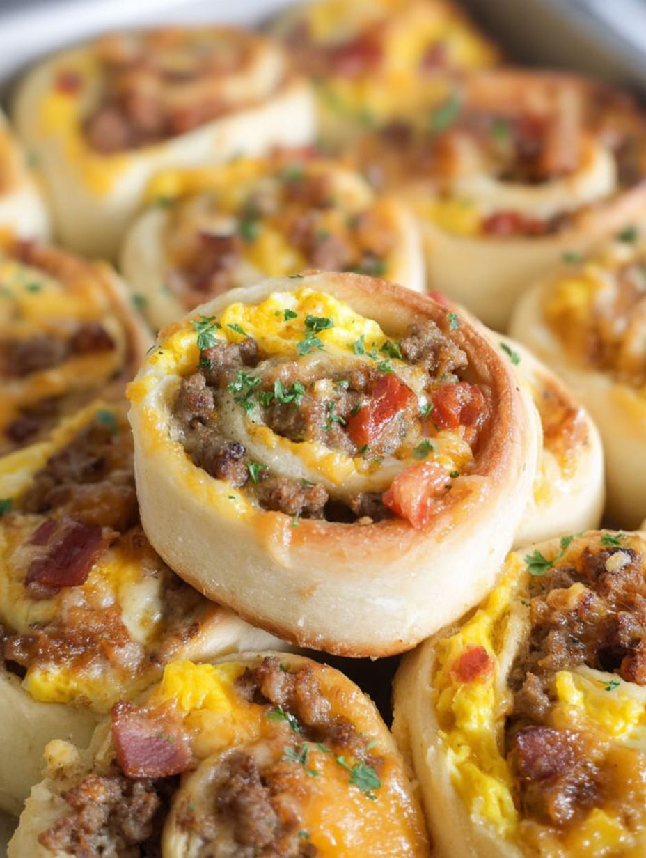 Ein Teller Frühstückshörnchen mit Fleisch und Käse.