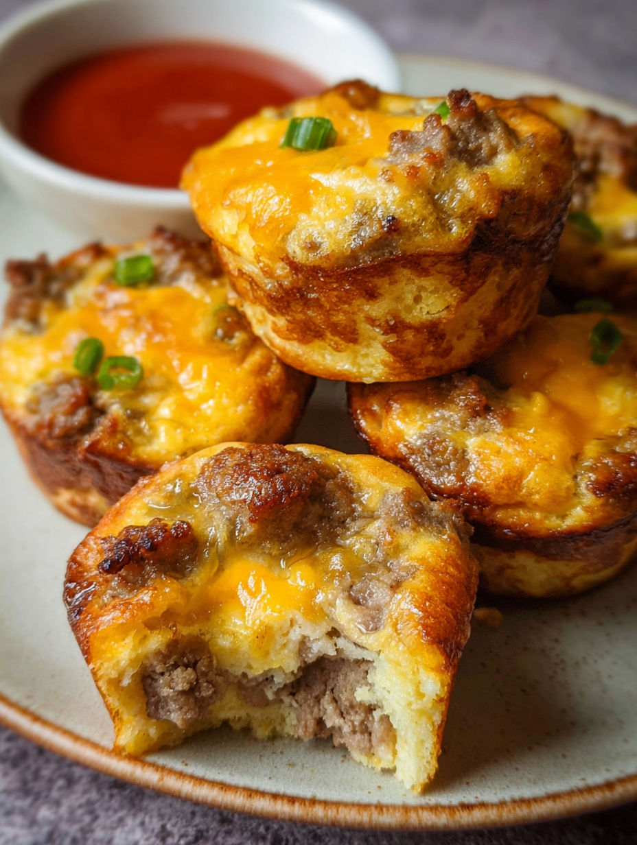 Frühstückswurst-Pfannkuchen-Muffins mit einer Portion Ketchup.