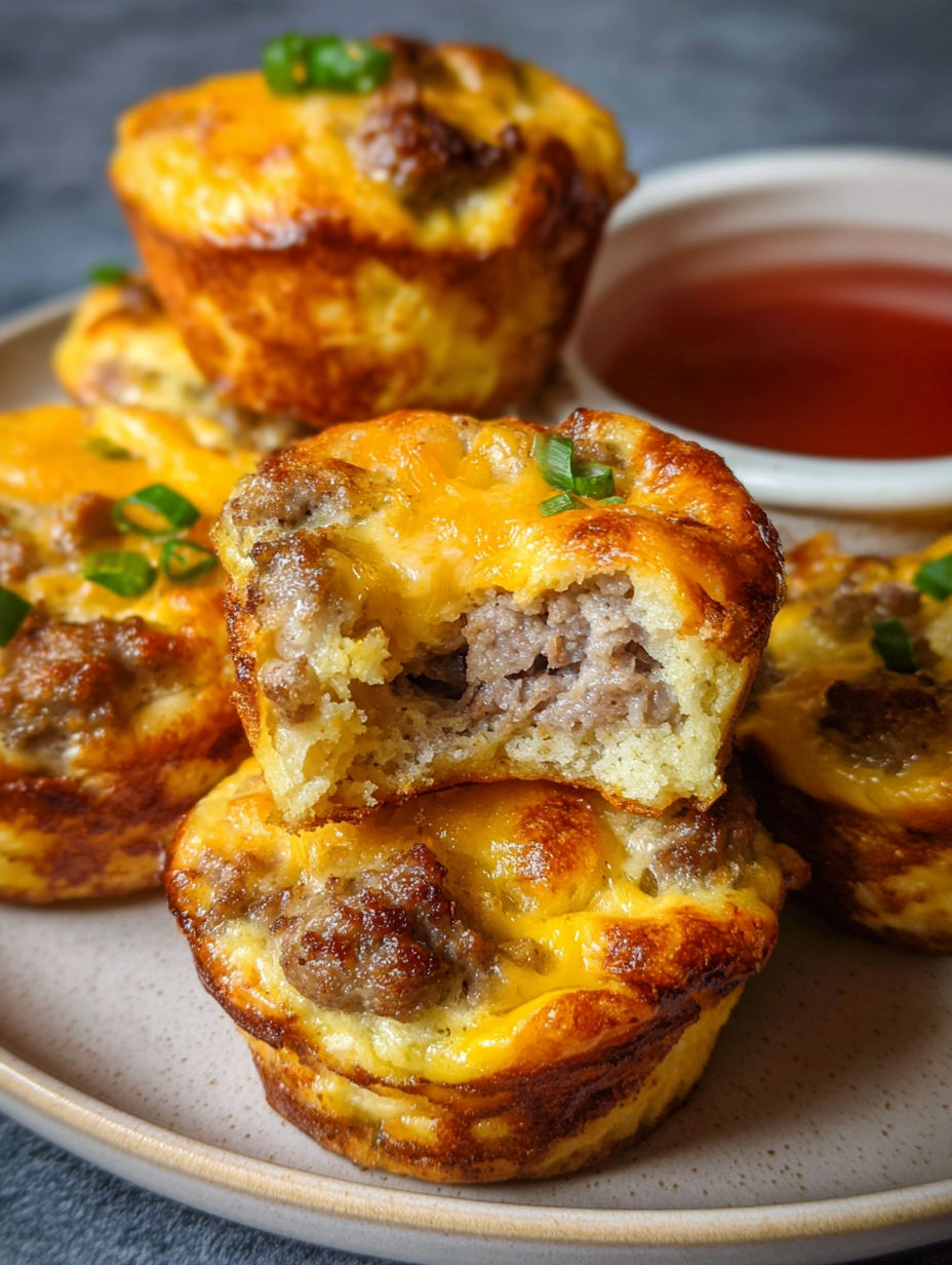 Frühstückswurst-Pfannkuchen-Muffins mit Sauce.