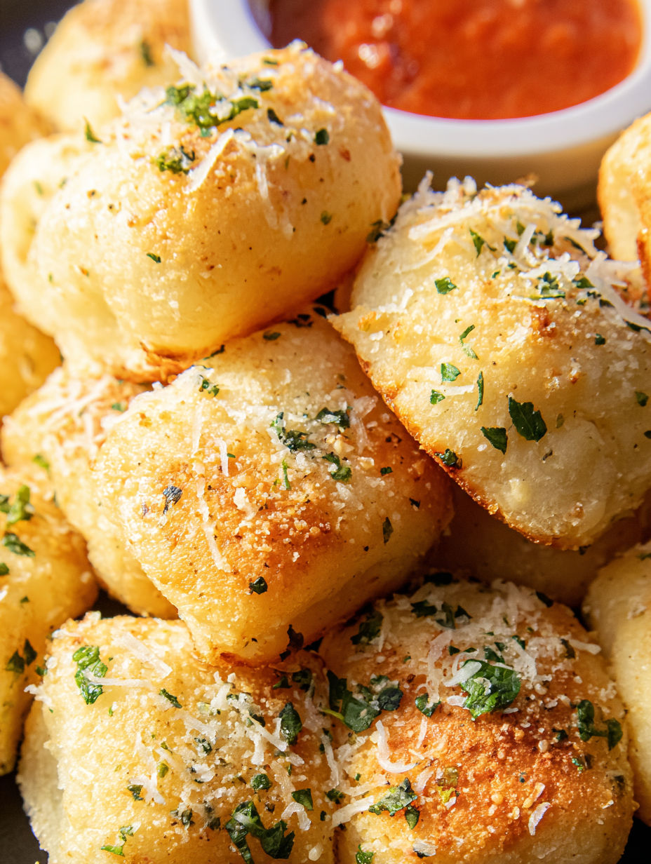 Parmesanbrot-Häppchen mit Dip.