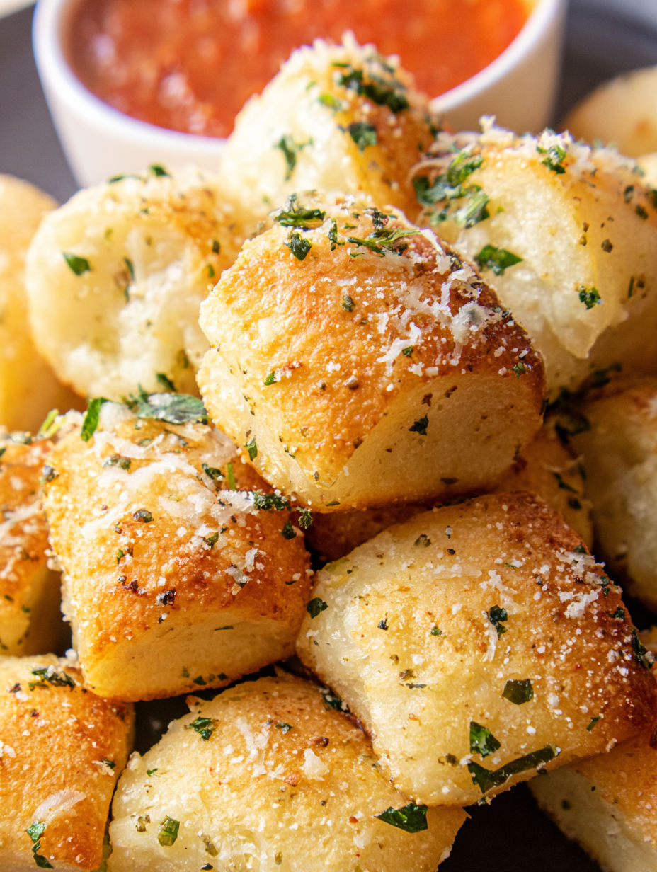 Parmesanbrot-Häppchen mit Käse obendrauf.