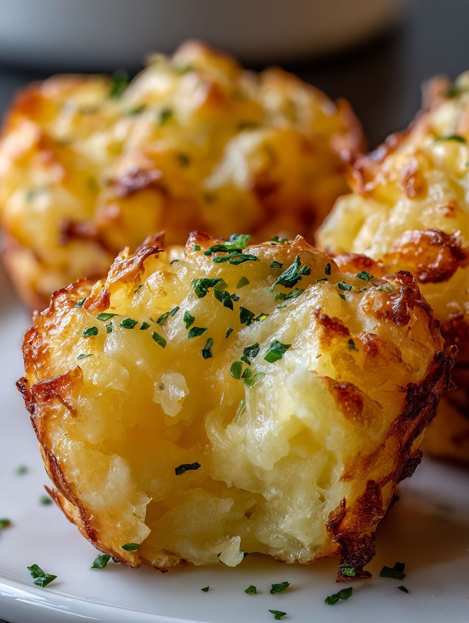 Käsige Kartoffelbällchen auf einem Teller.