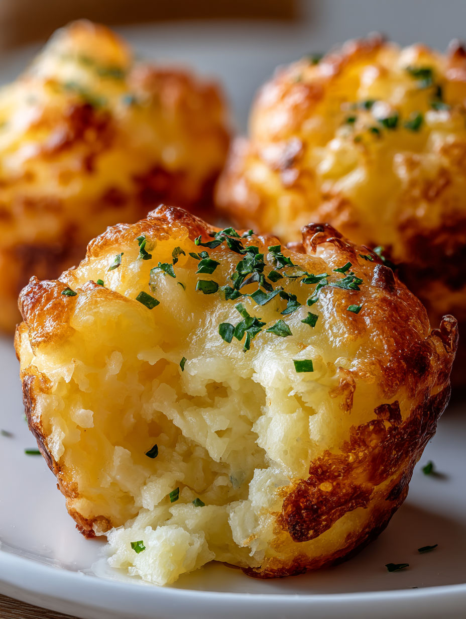 Ein Teller voller käselastiger Kartoffelbällchen.