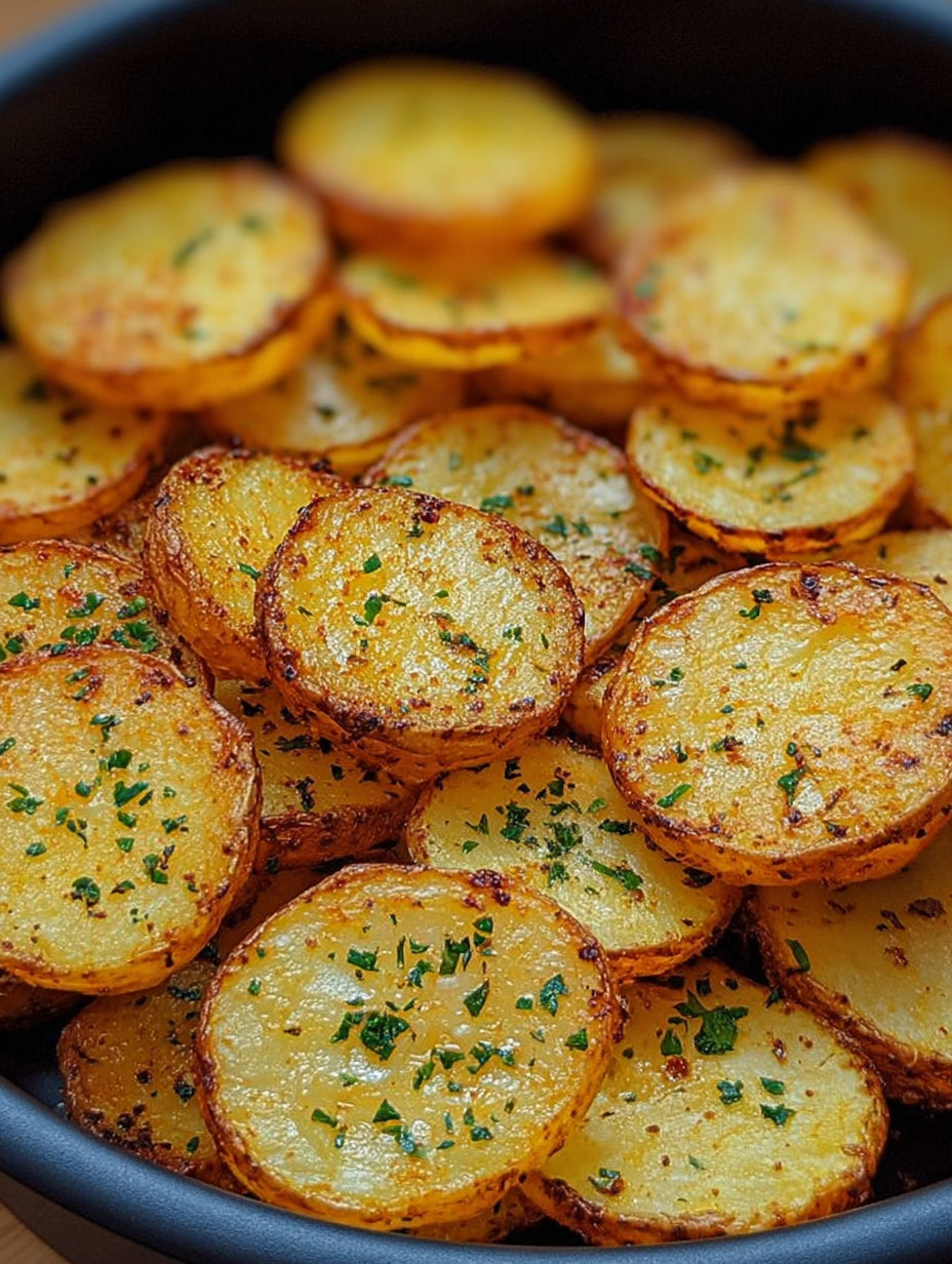 Knusprige Kartoffelscheiben aus der Heißluftfritteuse.