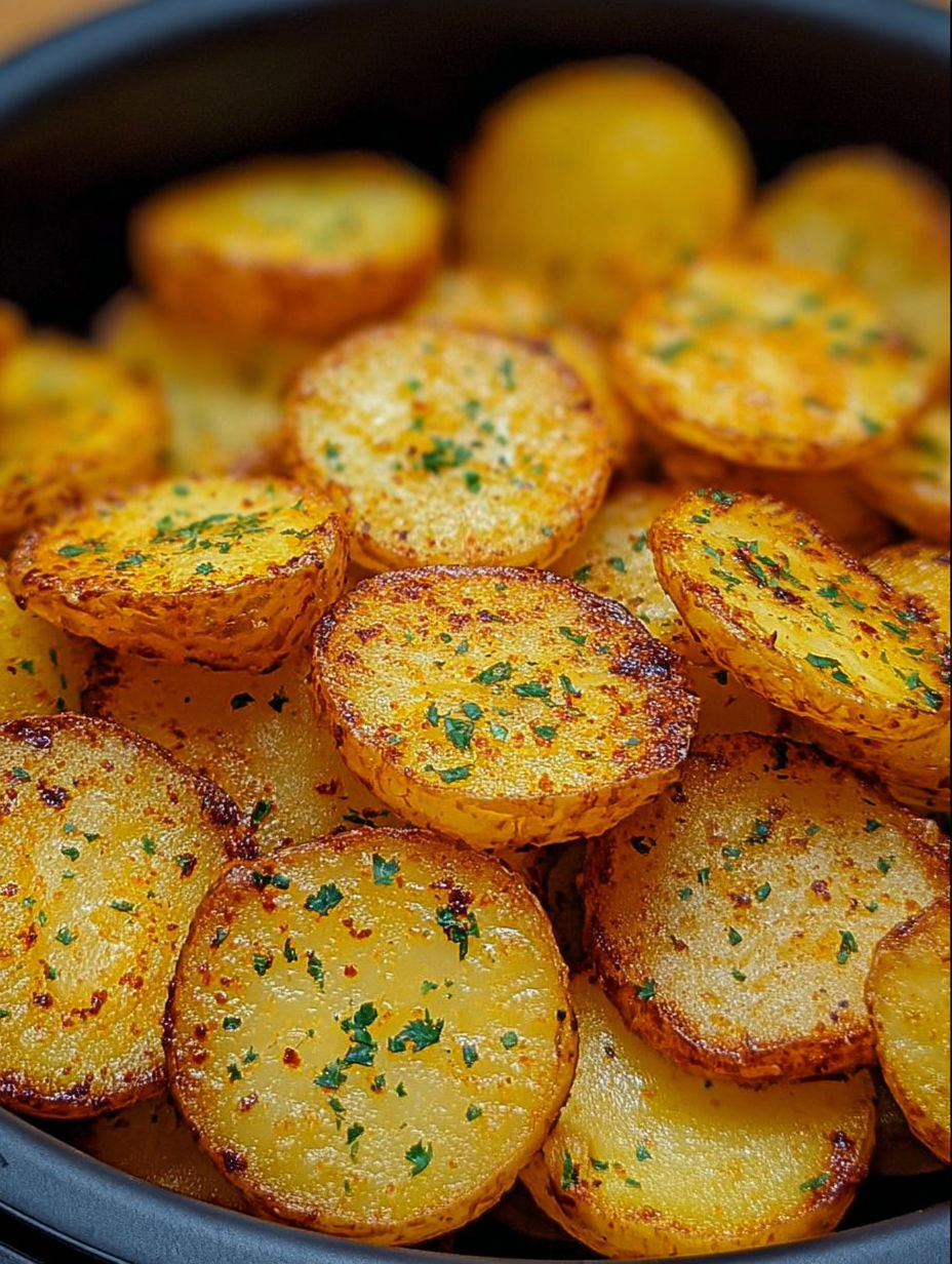 Knusprige Kartoffelscheiben aus der Heißluftfritteuse.