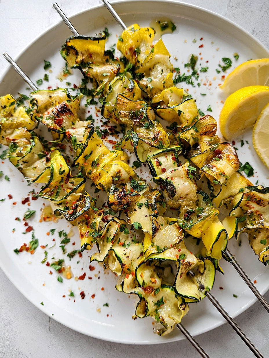 Zucchiniband-Spieße mit Zitronenecken.