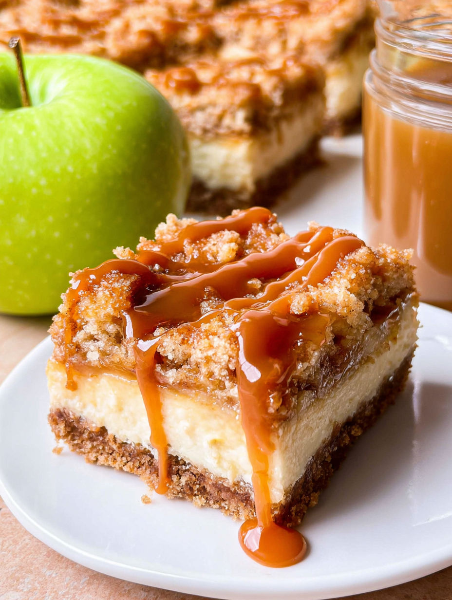 Ein Stück Karamell-Apfel-Cheesecake-Riegel.