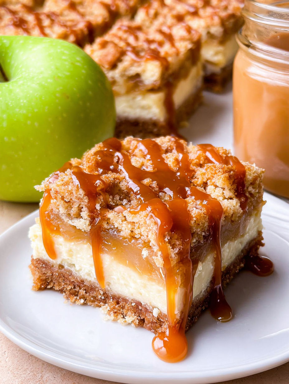 Ein Stück Karamell-Apfel-Cheesecake-Riegel.