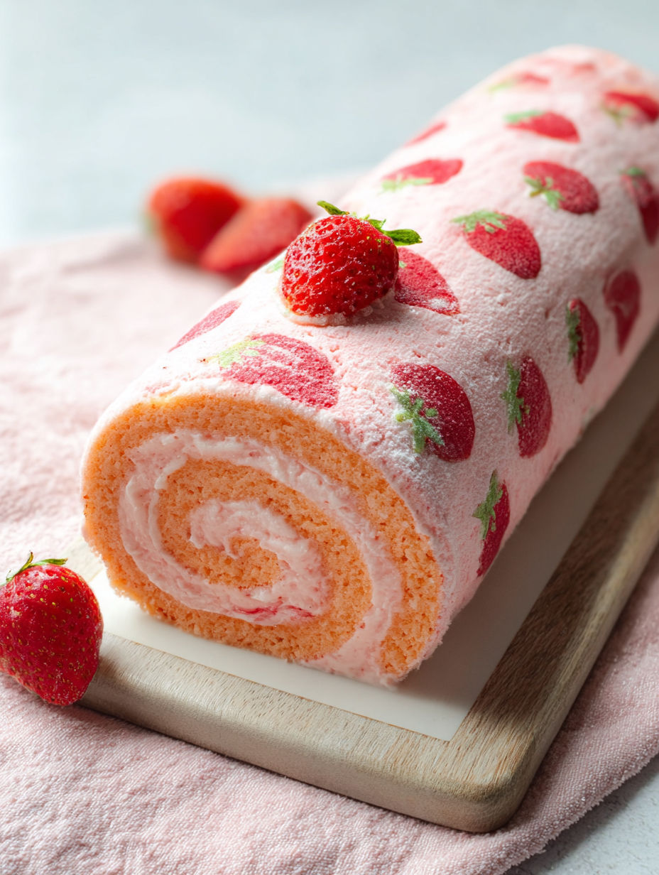 Eine Biskuitrolle mit Erdbeeren darauf.