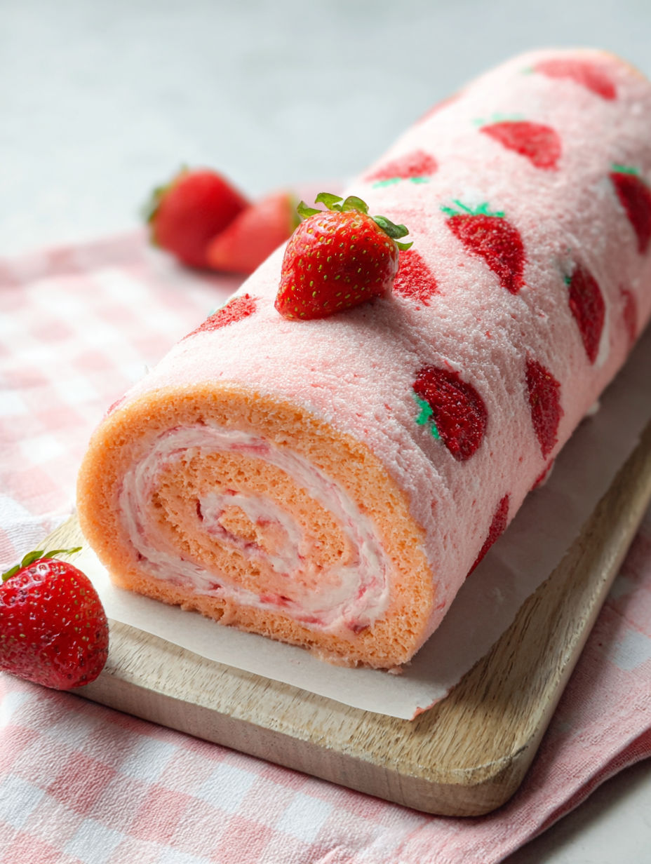 Ein Biskuit-Rolle mit Erdbeeren belegt.