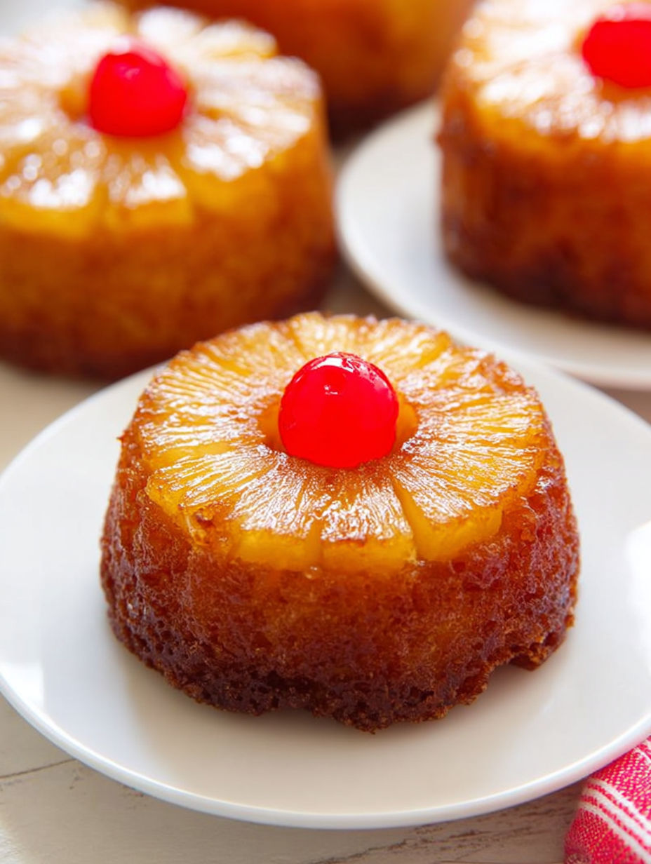 Kleiner Ananaskuchen mit Kirsche oben drauf.