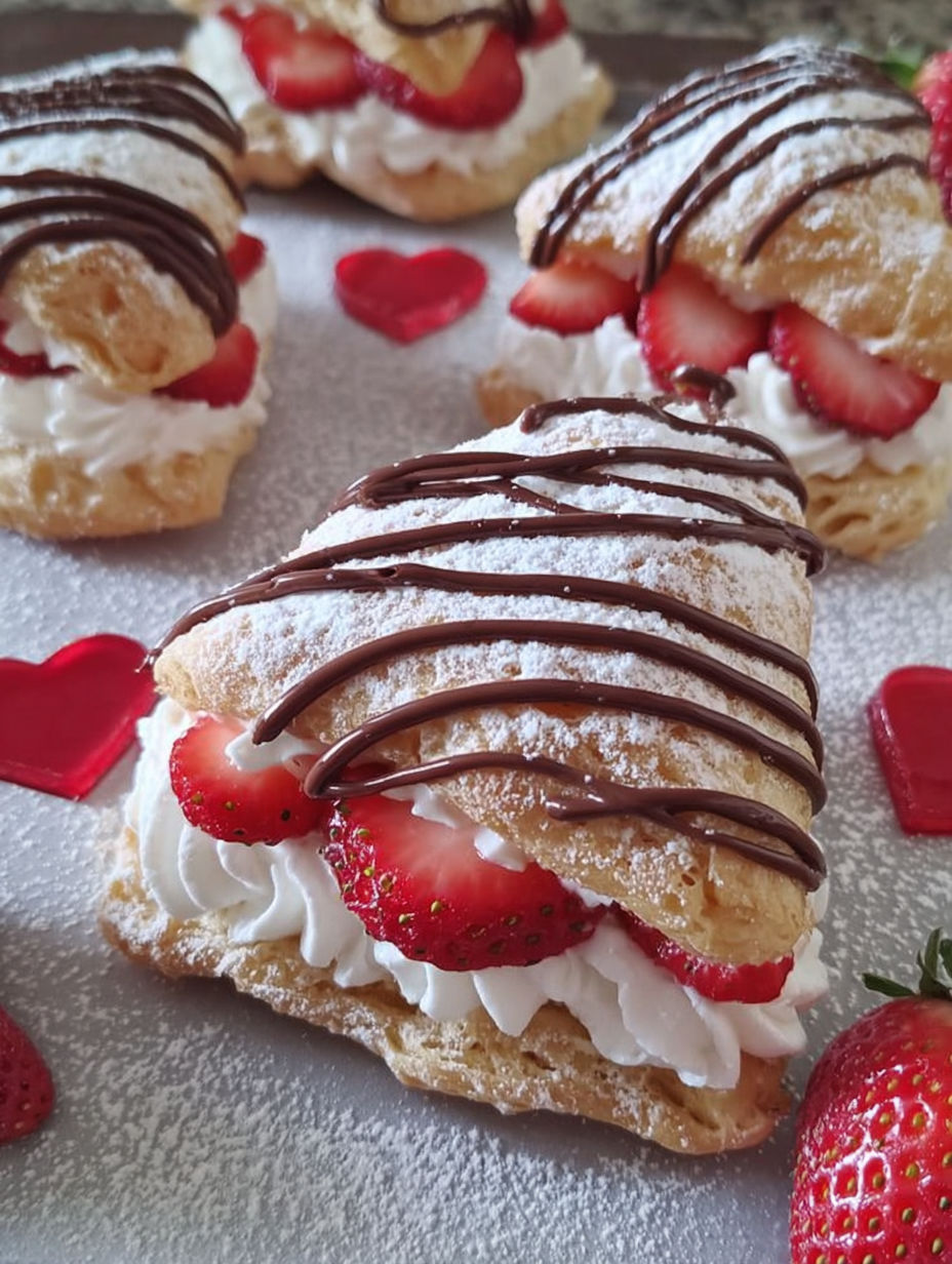 Ein Teller mit Erdbeer-Sahnetörtchen, verziert mit Schokoladensauce.