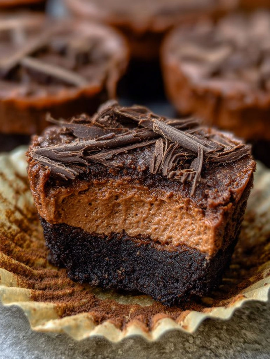 Nahaufnahme eines Schoko-Cheesecakes mit Schokosoße als Deko.