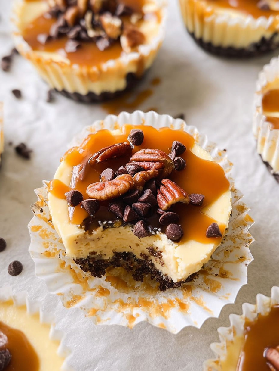 Nahaufnahme von einem Mini Käsekuchen mit gesalzenem Karamell und Schokotropfen.