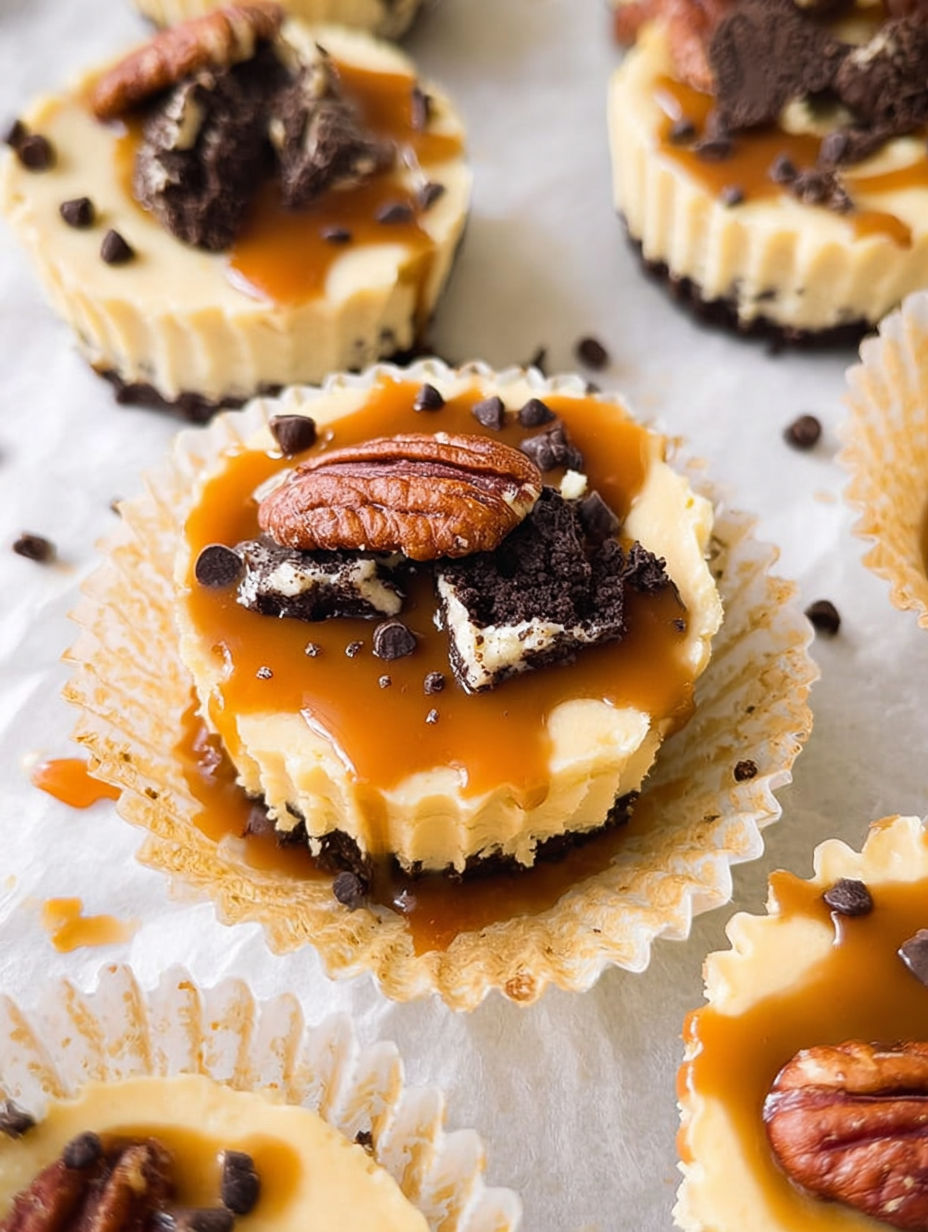 Nahaufnahme von einem Mini Käsekuchen mit gesalzenem Karamell und Schokotropfen.