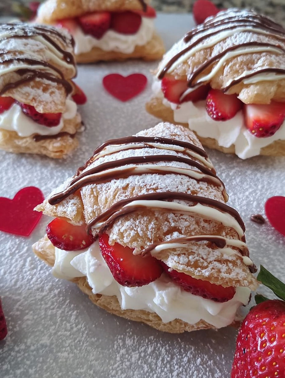 Ein Teller mit Erdbeer-Sahnetörtchen, verziert mit Schokoladensauce.