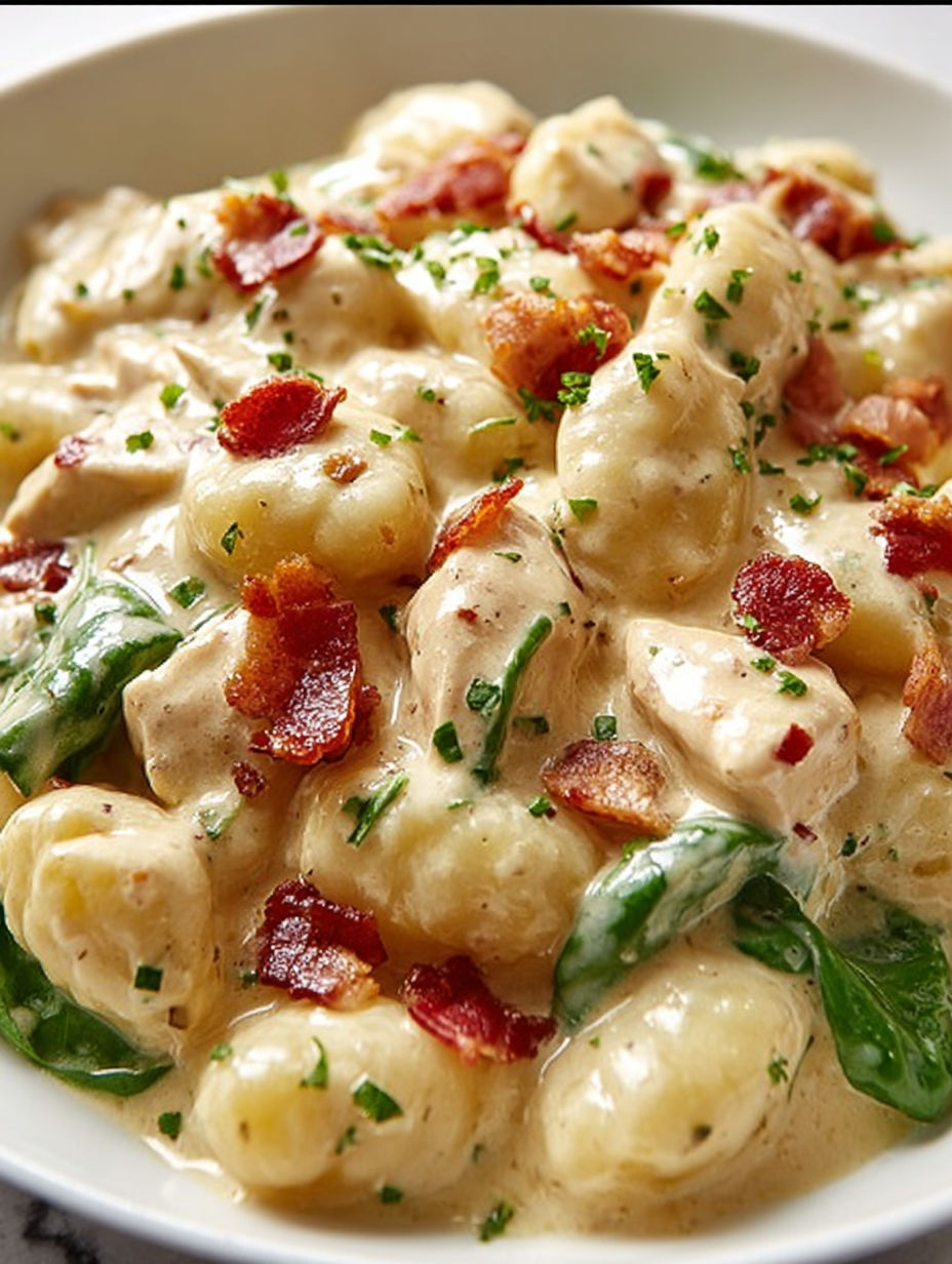 Ein Teller mit cremigen Huhn und Speck Gnocchi.