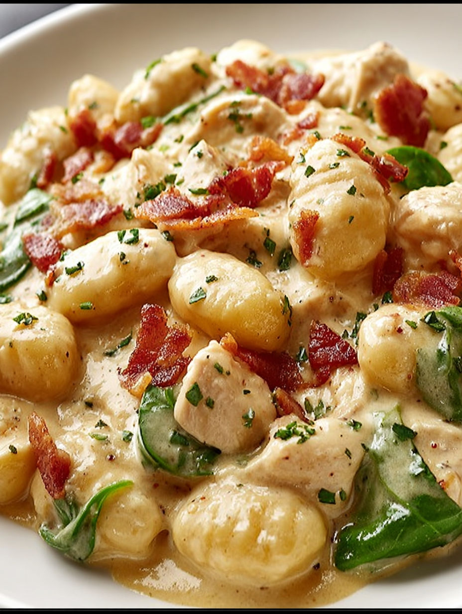 Ein Teller cremiger Gnocchi mit Hähnchen und Speck.