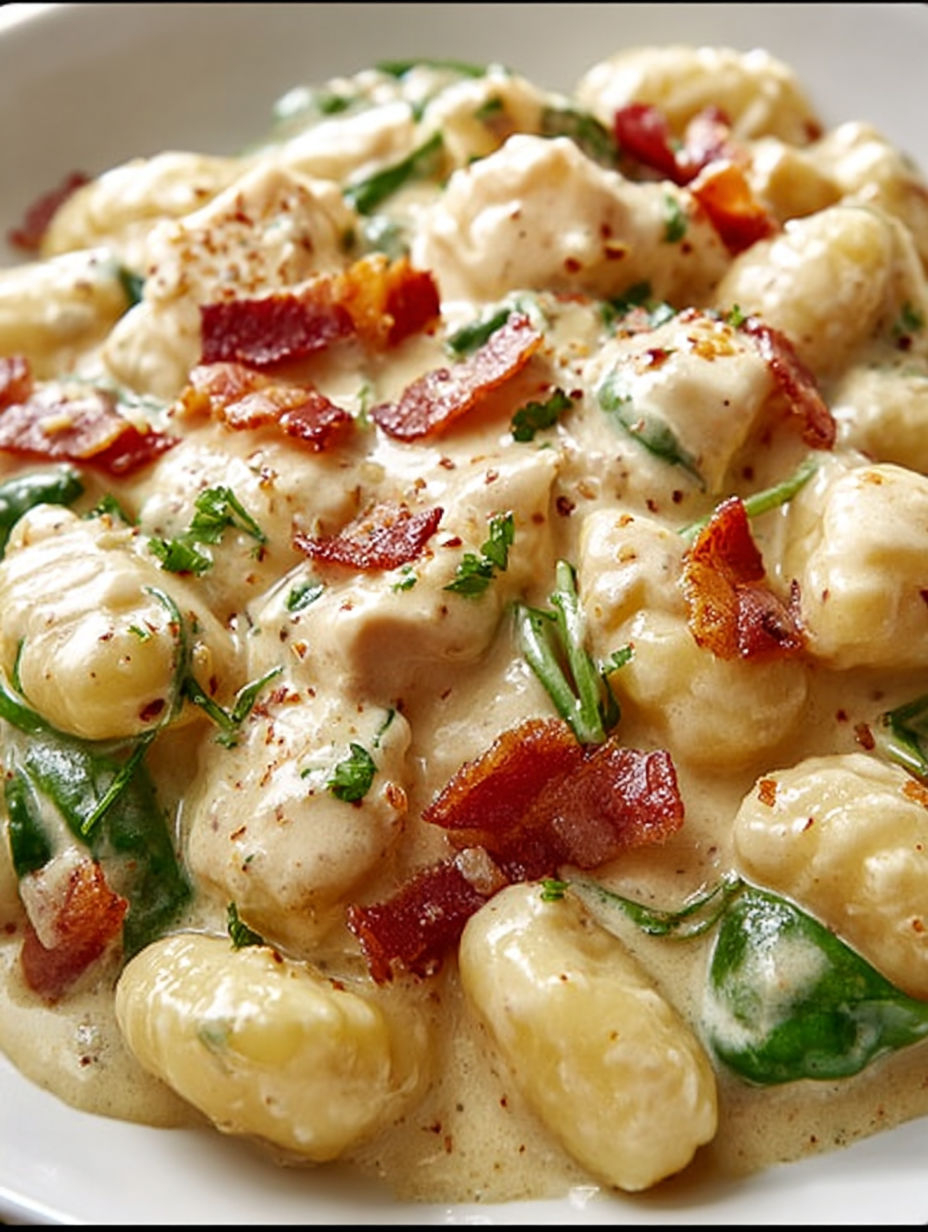 Ein Gericht mit cremigen Gnocchi, Hähnchen und Speck.