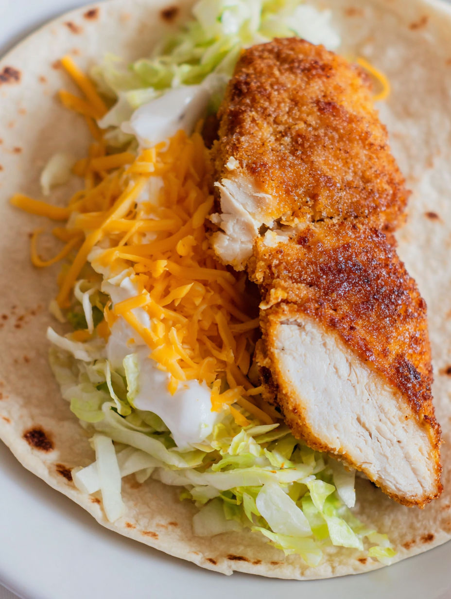 Chickenstück auf Tortilla mit Salat und Käse