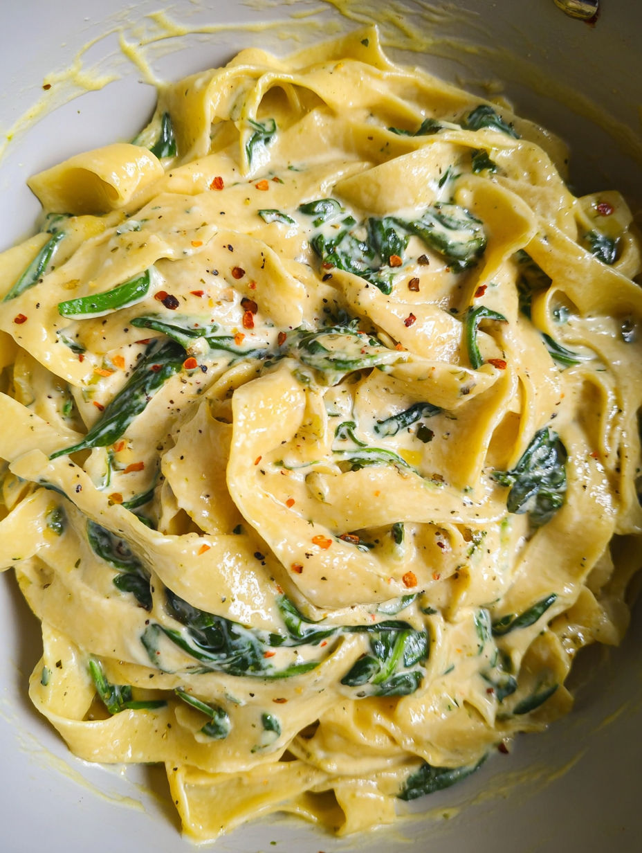 Eine Schüssel Pasta mit Spinat und Knoblauchbutter.