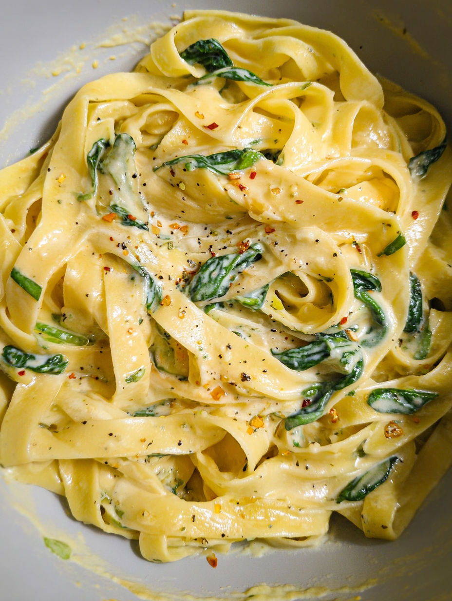Eine Schüssel Pasta mit Knoblauchbutter und Spinat.