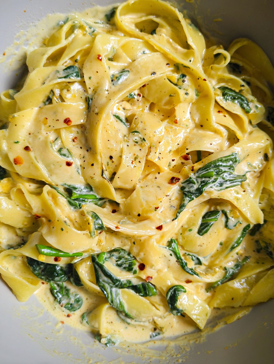 Eine Schüssel Pasta mit Spinat und Knoblauchbutter.