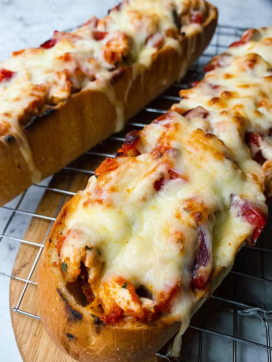 Zwei Stücke käsiges Hähnchen-Knoblauchbrot.