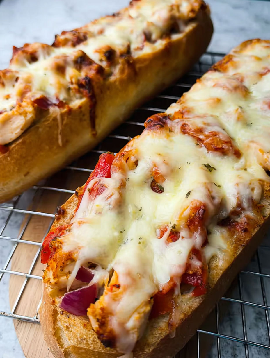 Zwei Stücke käsiges Hähnchen-Knoblauchbrot.