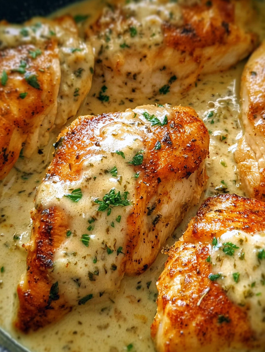 Hähnchen mit Soße und Kräutern.