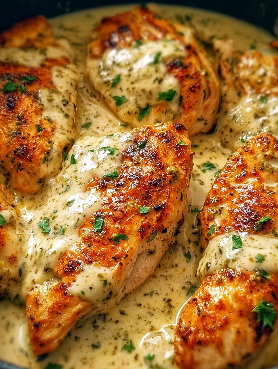 Hähnchen mit Soße und Kräutern.