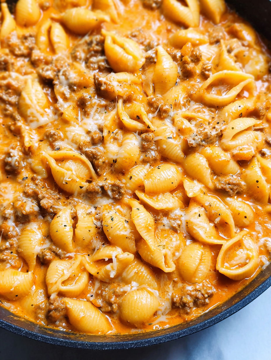 Eine Schüssel mit cremigem Hackfleisch und Muschelnudeln.