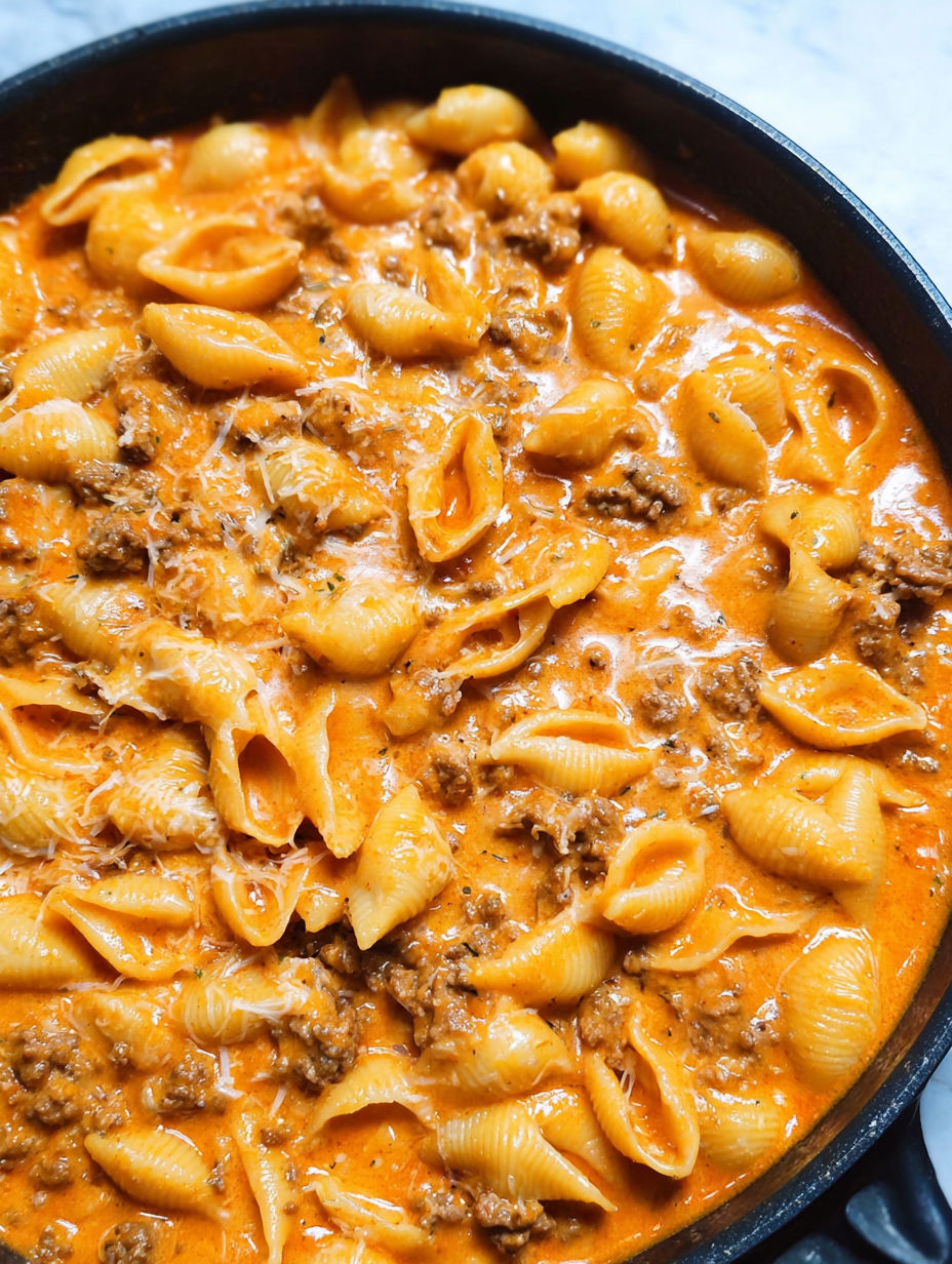 Eine Schüssel mit cremigem Hackfleisch und Muschelnudeln.